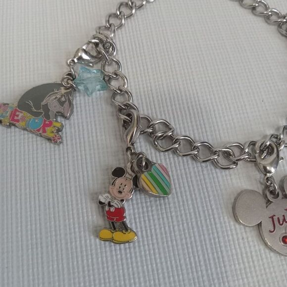 Disney Mickey & Minnie Silver Toned Curb Link July Birth Month Charm Bracelet - Picture 3 of 10